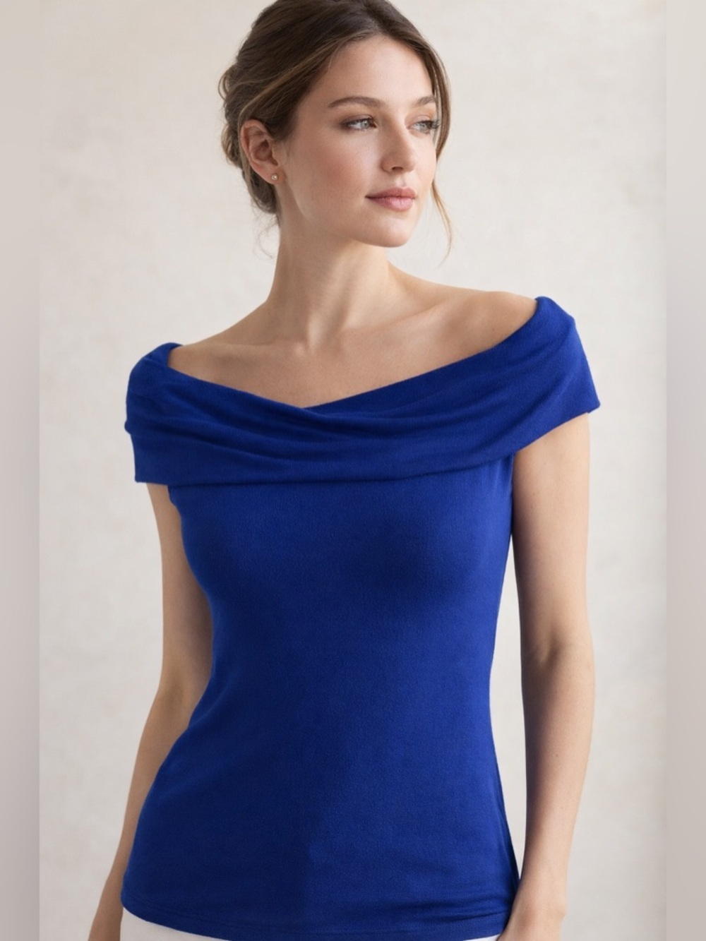 Banana Republic Off-Shoulder Cowl Neck Top Size S Royal Blue Rayon Blend Knit